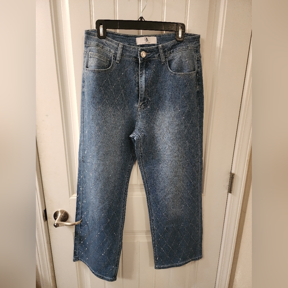 Flying Angel Studded Denim Jeans | Rhinestone Detail Straight Leg